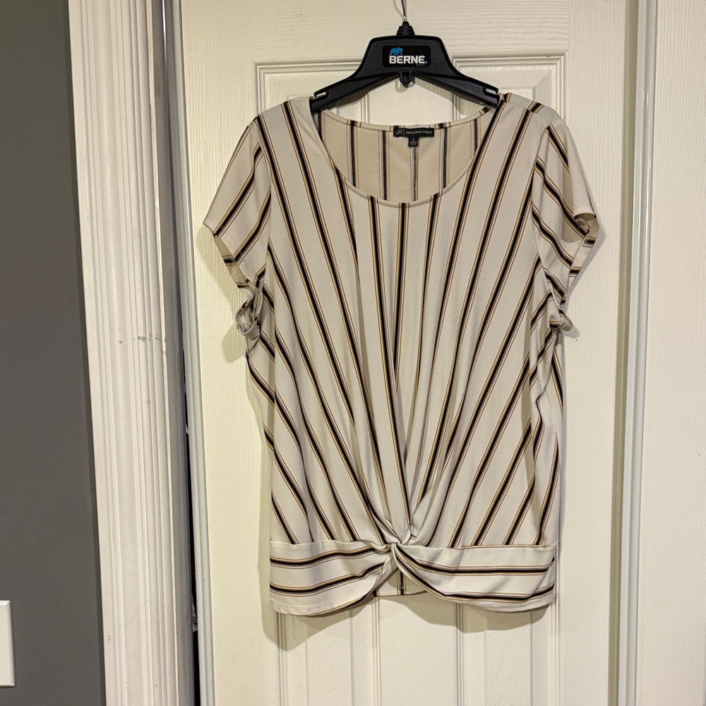 Adrianna Papell Beige and Colored Striped Knot Blouse